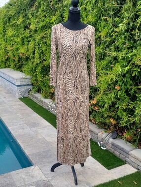 Brown Animal Print High Double Slit Long Sleeve Dress XS